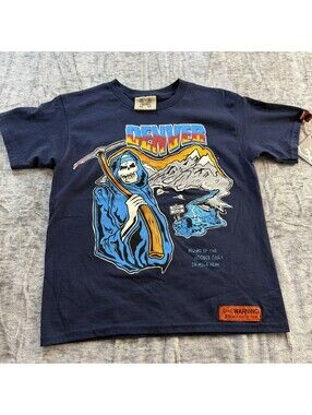 Brand X Denver Grim Reaper T-Shirt Men's Size S Navy Blue Graphic Tee Mountain